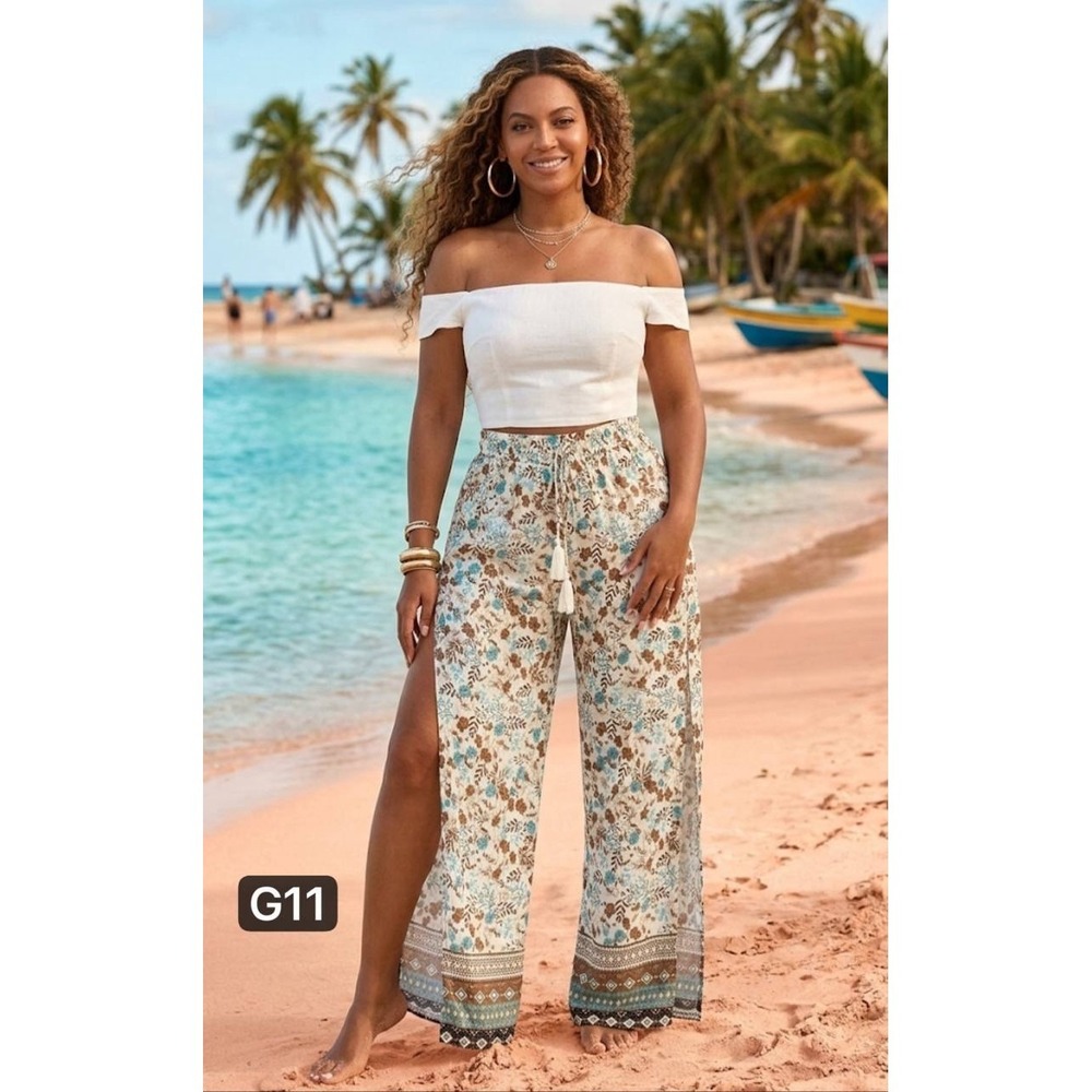 New Look Womens Wide Leg Pant S Palazzo Print Boho High Waist Slit Leg  Tie‎